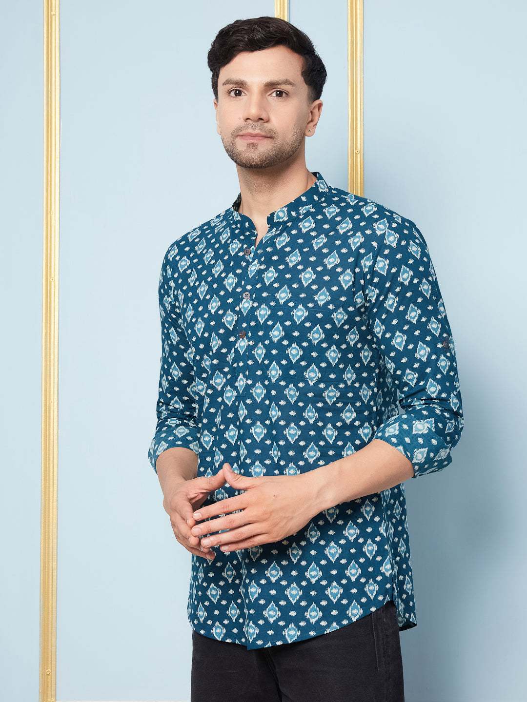 Men Teal Printed Cotton Short Kurta