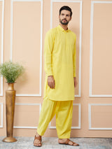Yellow Cotton Slub Pathani kurta with Salwar