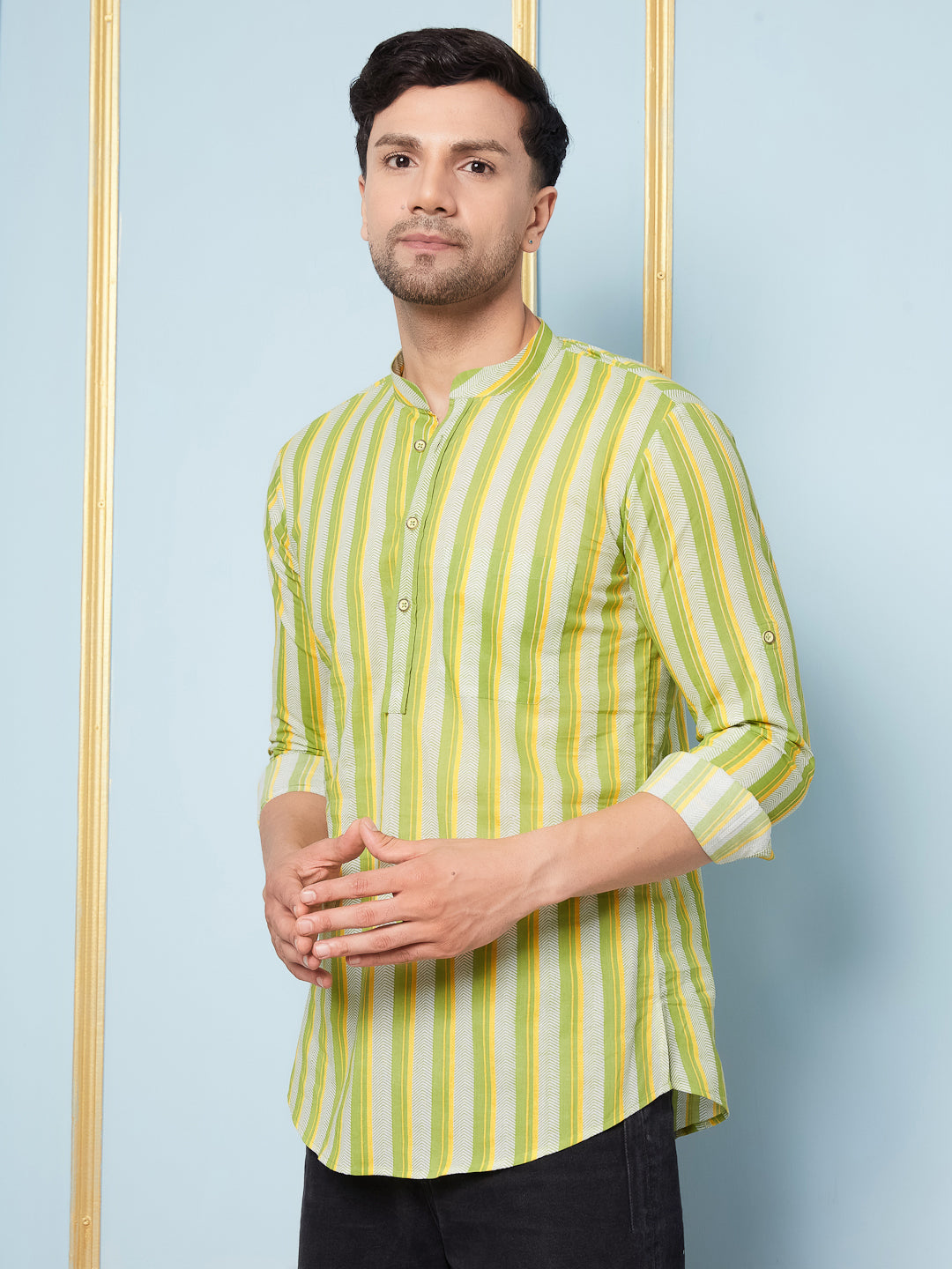 Men Lime Green Striped Cotton Short Kurta