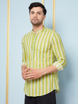 Men Lime Green Striped Cotton Short Kurta