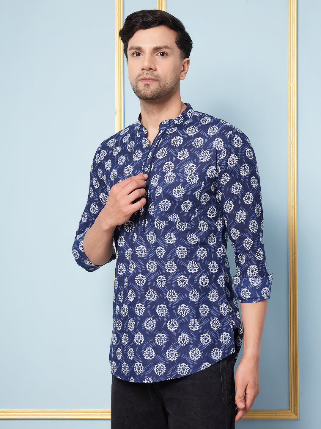 Men Blue White Indigo Printed Cotton Short Kurta