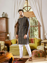 Men Black Cotton Pintex Design Sequins Kurta With Pajama