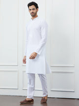 Men Pearl White Kurta with Subtle Embroidered Stripes and Pajama