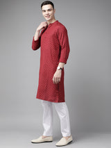 Riwaat.com Men Maroon & Gold Printed Straight Kurta With Pajama Riwaat Bundi Printed