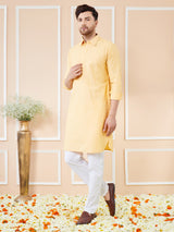 Men Yellow Cotton Solid Pathani Kurta with Pyjama