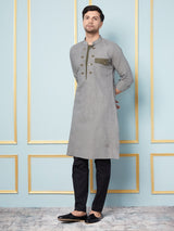 Men Grey Melange And Thread Work Kurta