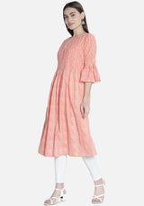 Women Peach And White Flare Printed Dress