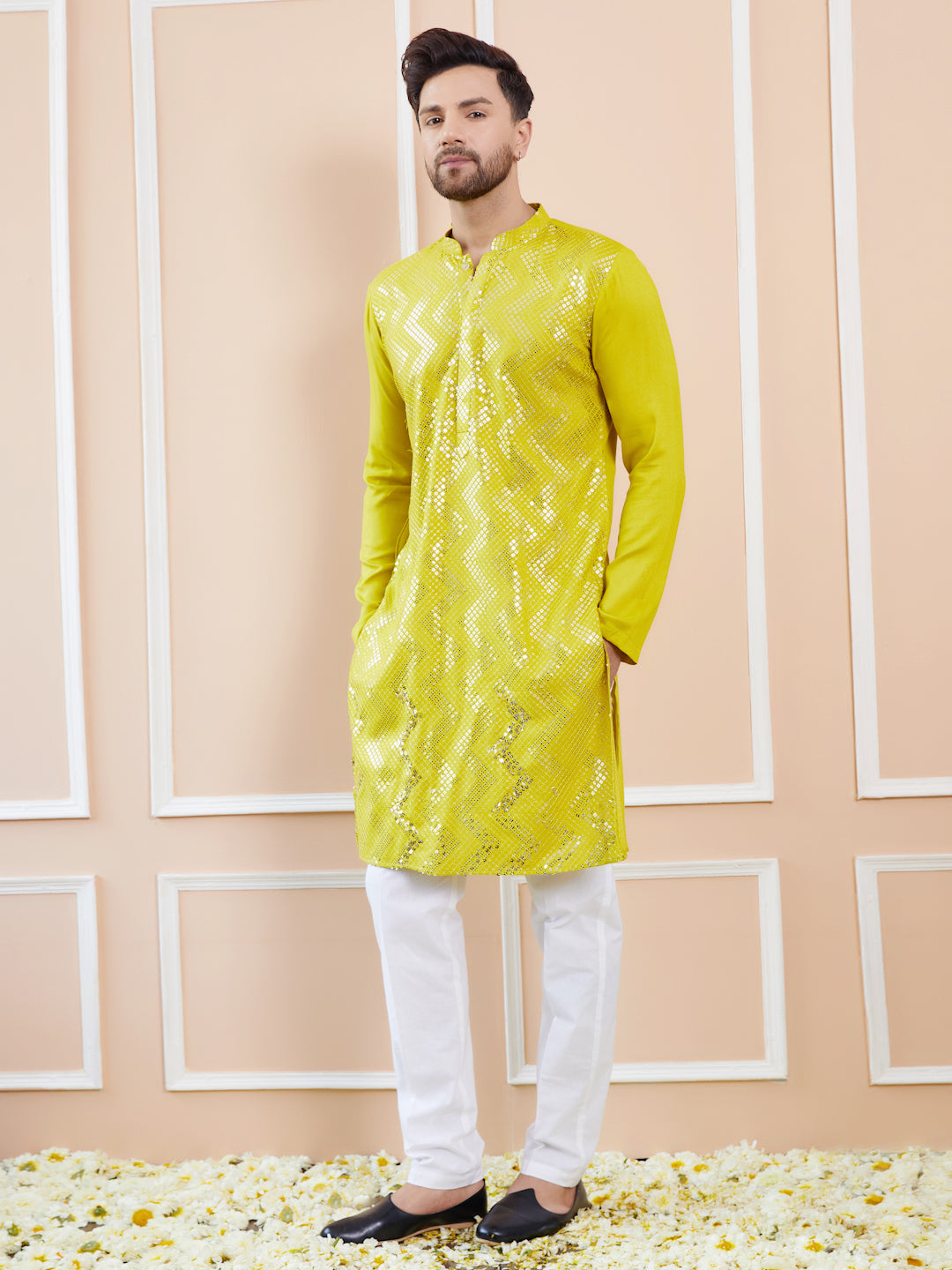 Men Lime Green And Gold Rayon Embroidery Sequins Kurta With Pyjama