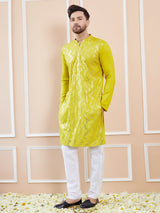 Men Lime Green And Gold Rayon Embroidery Sequins Kurta With Pyjama