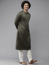 Men Metallic Gold with Black Patterns Woven Design Kurta With Pajama