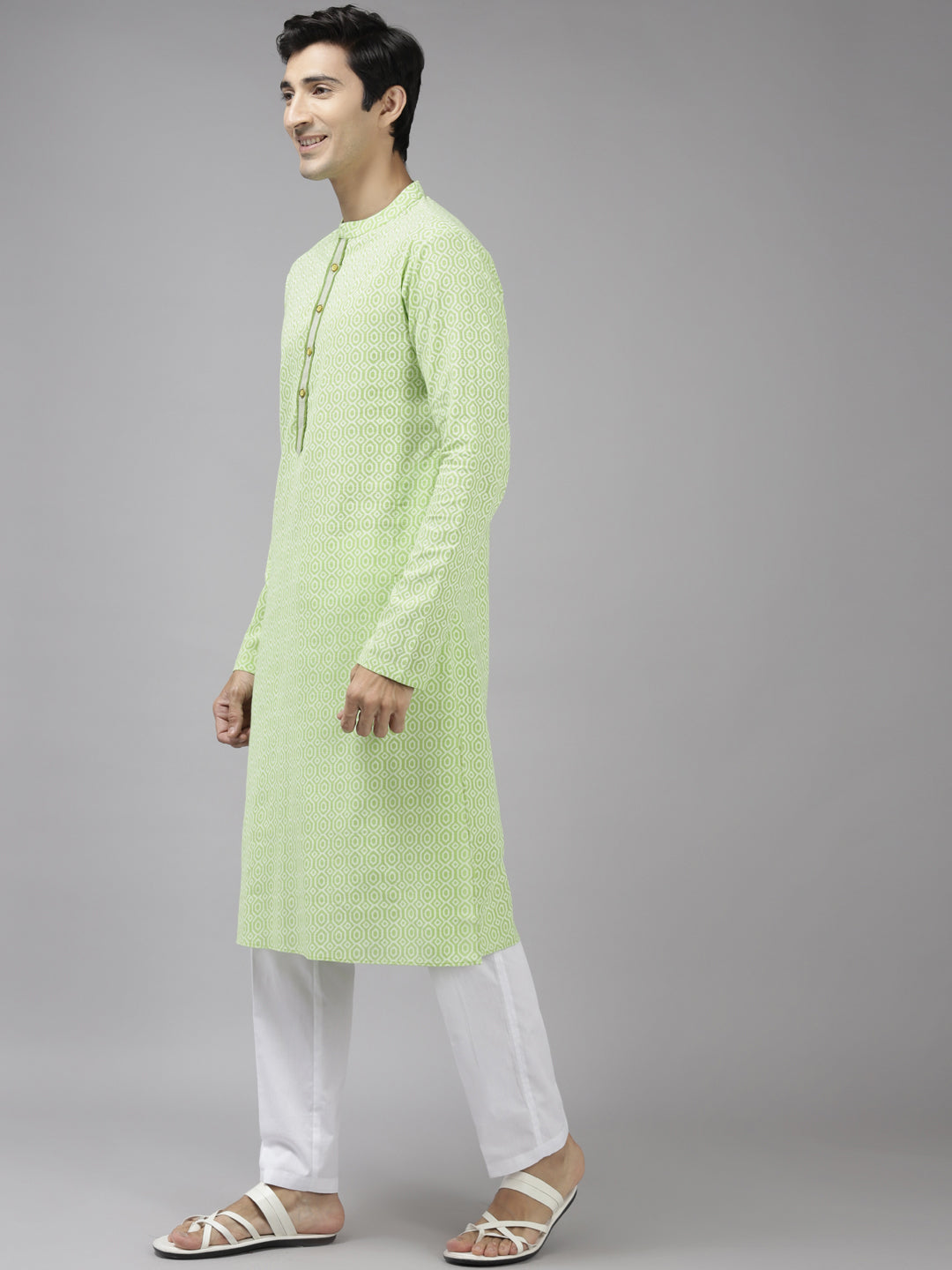 Men White & Lime Green Printed Pure Cotton Straight Kurta With Pajama