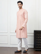 Riwaat.com Men Pink Sequence Mirror Work Cotton Kurta Riwaat Printed Sequin Work