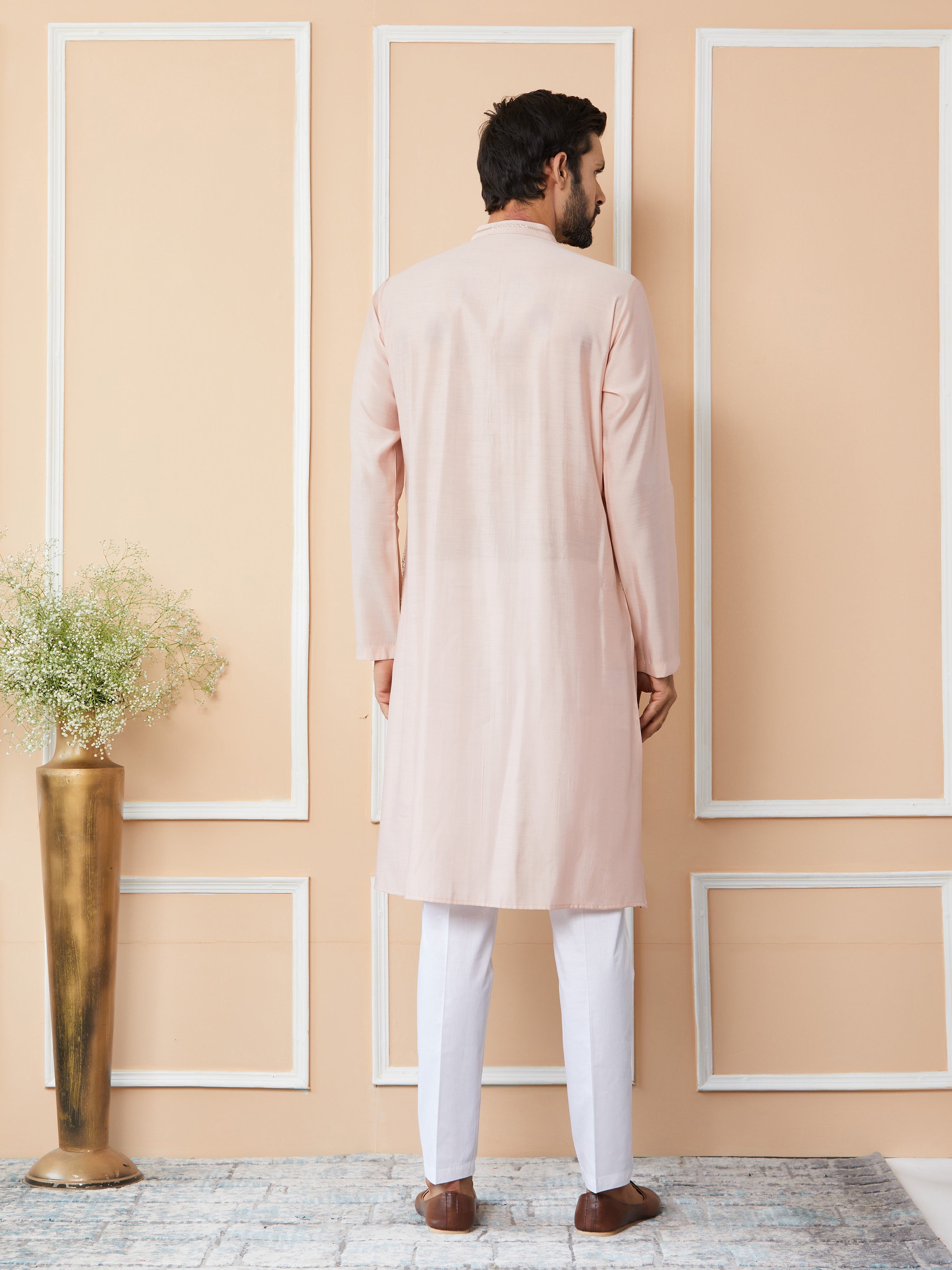 Light Pink Sequins Embroidered Pure Chanderi Silk Straight Kurta with Pyjama