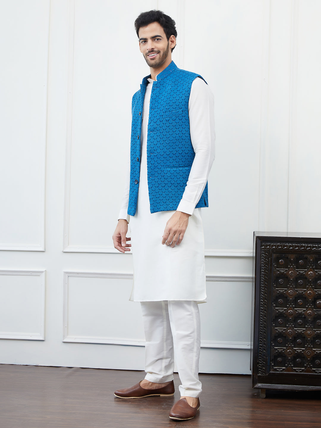 Men Blue Color Woven Design Embroidery Cotton Nehru Jacket