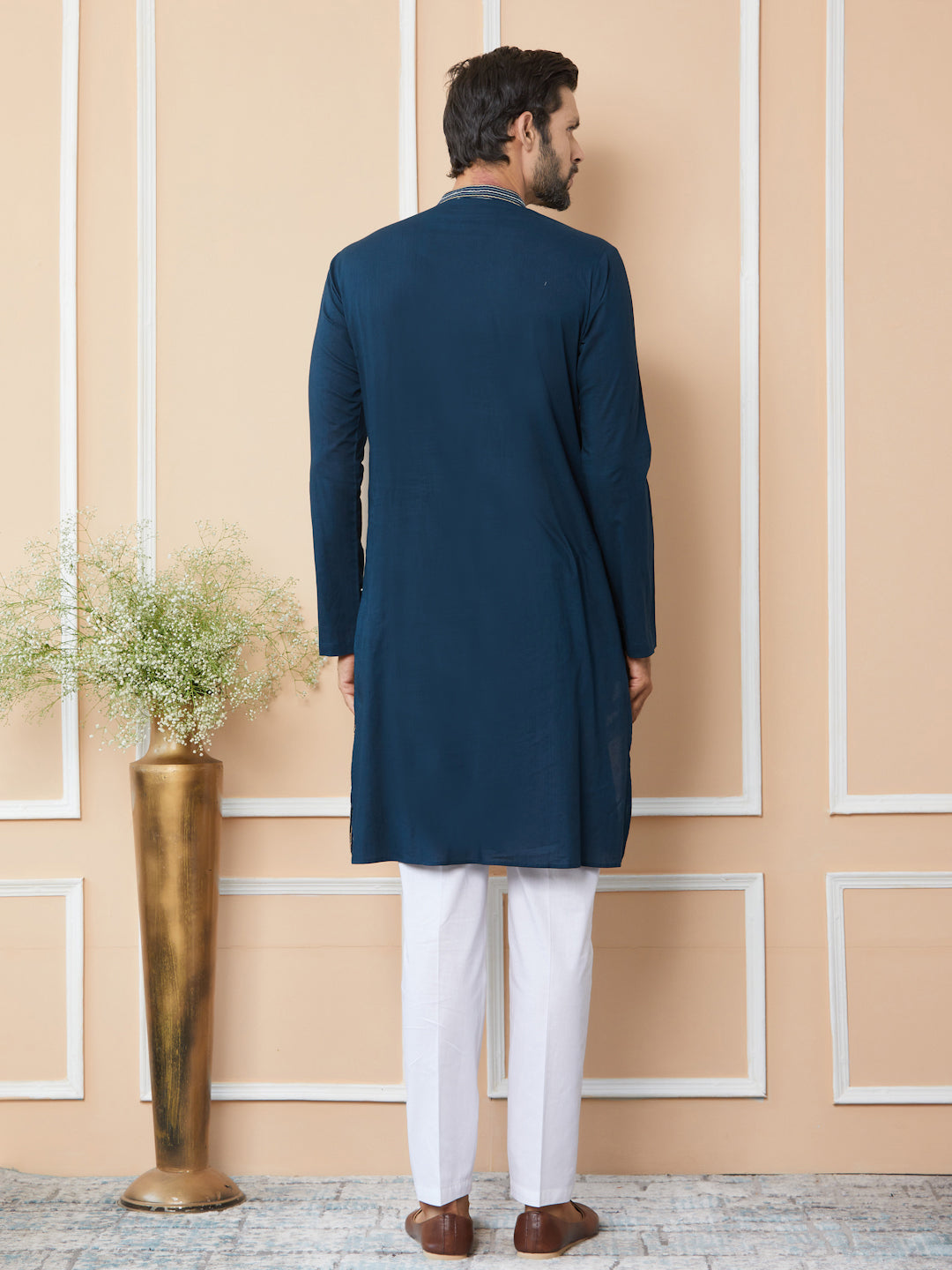 Dark Blue Thread & Sequins Worked Pure Cotton Straight Kurta with Pyjama