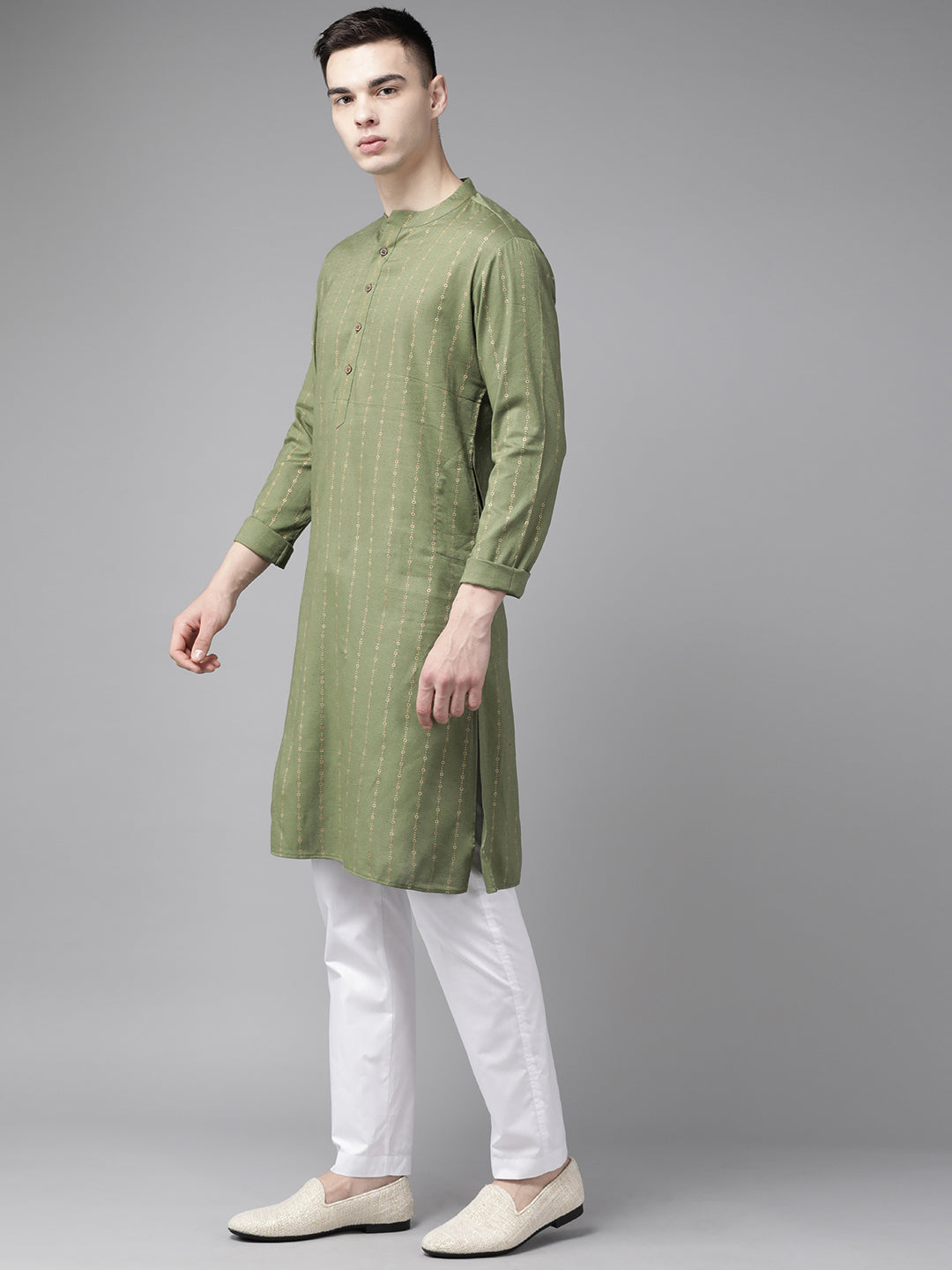 Riwaat.com Men Green & Gold Stripe Printed Straight Kurta With Pajama Riwaat Mehendi Printed