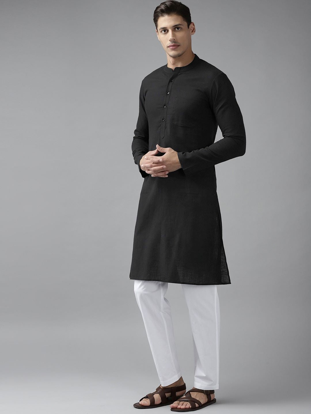 Men Black Cotton Straight Kurta with Slub Effect With Pajama