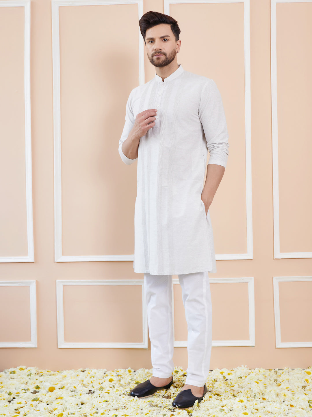 Men Off White Cotton Silk Pintex Design Thread Work Kurta With Pyjama