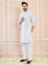Men Off White Cotton Silk Pintex Design Thread Work Kurta With Pyjama