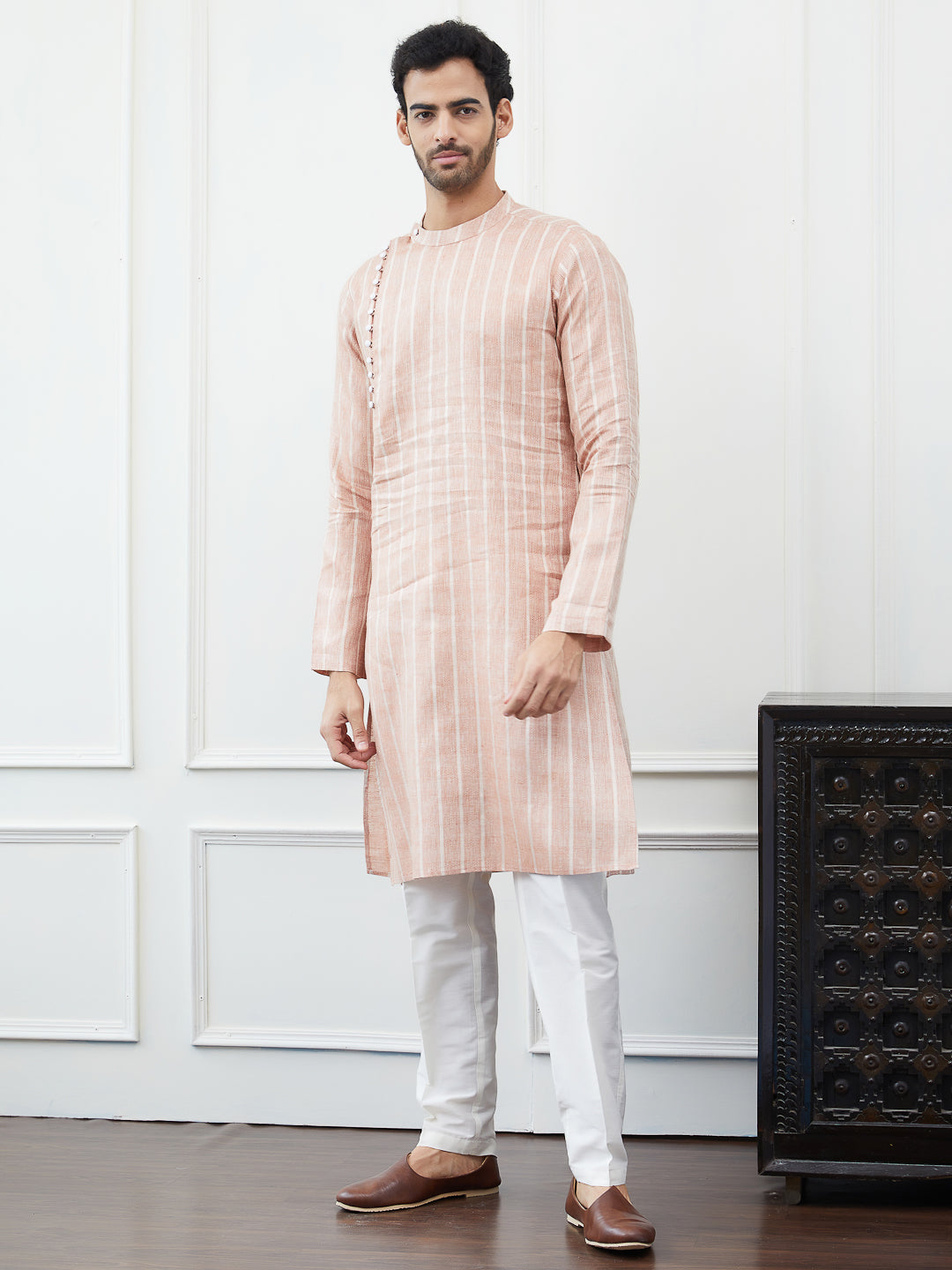 Men Peach Thread Work Cotton Kurta Set