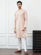 Men Peach Thread Work Cotton Kurta Set