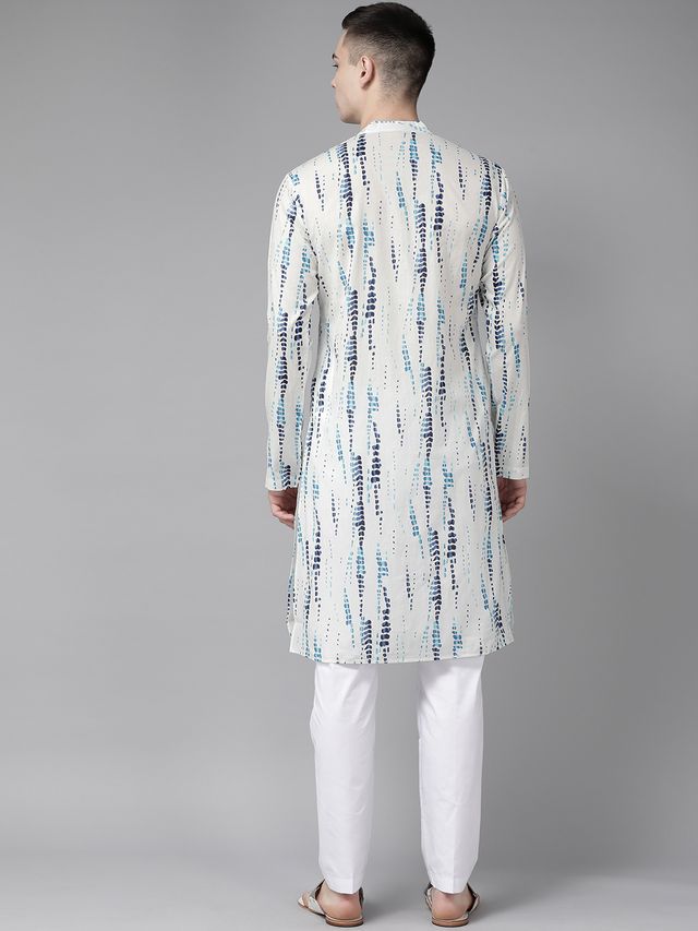 Men White Multi Tie and dye Print Design Straight Kurta With Pyjama