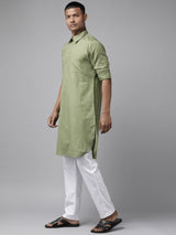 Men Olive Regular Pure Cotton Pathani Printed Men's Kurta With White Salwar