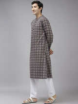 Men Blue And Beige Printed Thread Work Indigo Kurta With Pajama