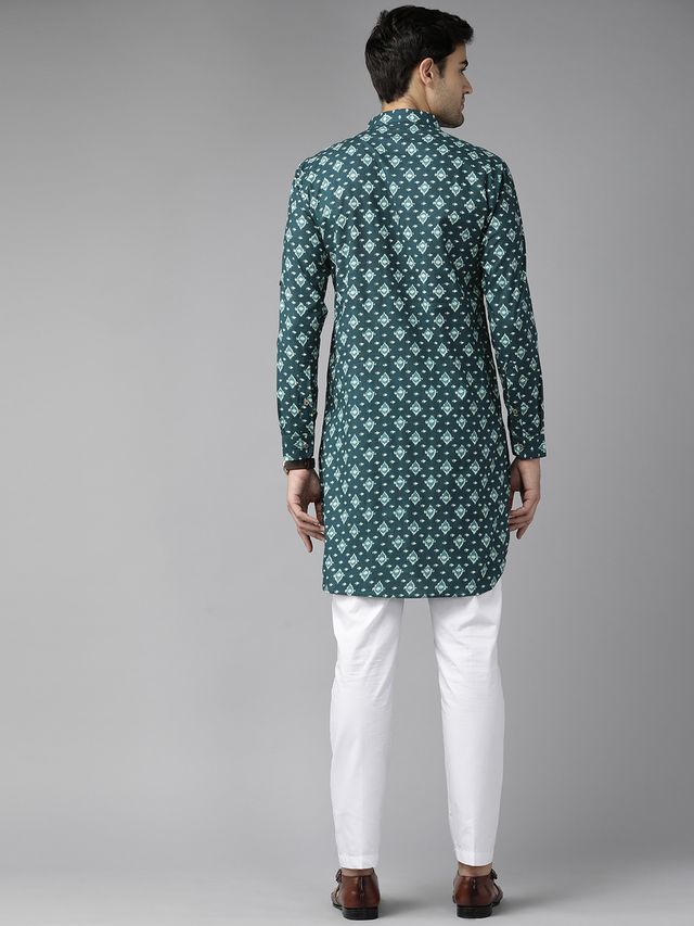 Men Teal Blue Regular Pure Cotton Pathani Printed Men's Kurta