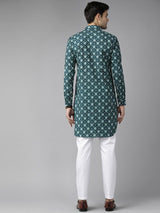 Men Teal Blue Regular Pure Cotton Pathani Printed Men's Kurta