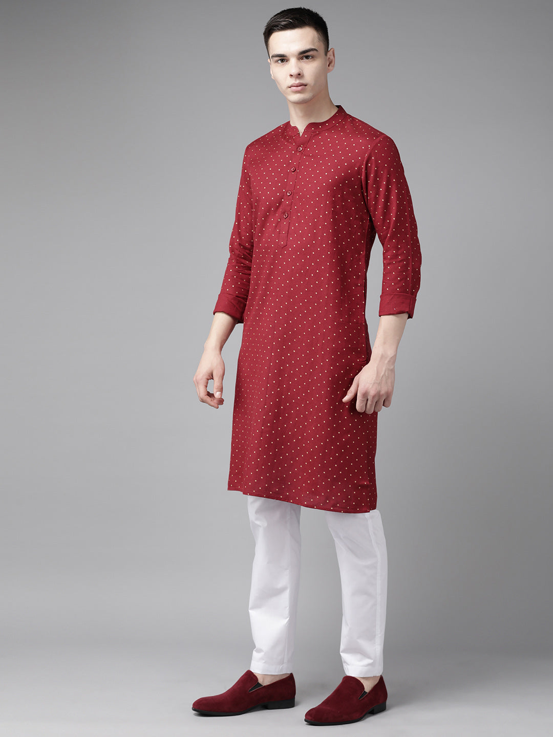 Men Maroon & Gold Printed Straight Kurta With Pajama