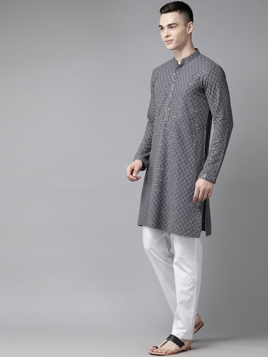 Men Grey Floral Embroidered Sequins Rayon Kurta With pyjama