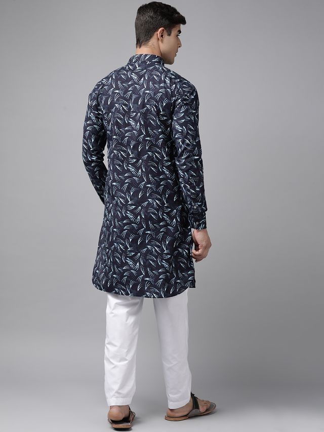 Men Indigo Regular Pure Cotton Pathani Printed Men's Kurta