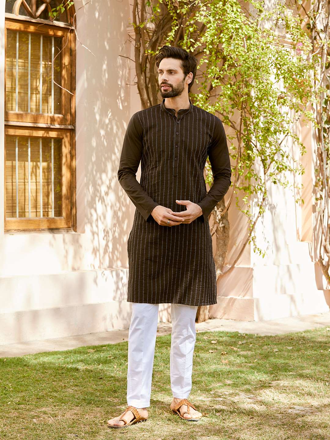 Men Black Cotton Pintex Design Thread Work Kurta With Pajama