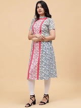 Women White with Multicolor Floral Printed Yoke Design Cotton Kurti