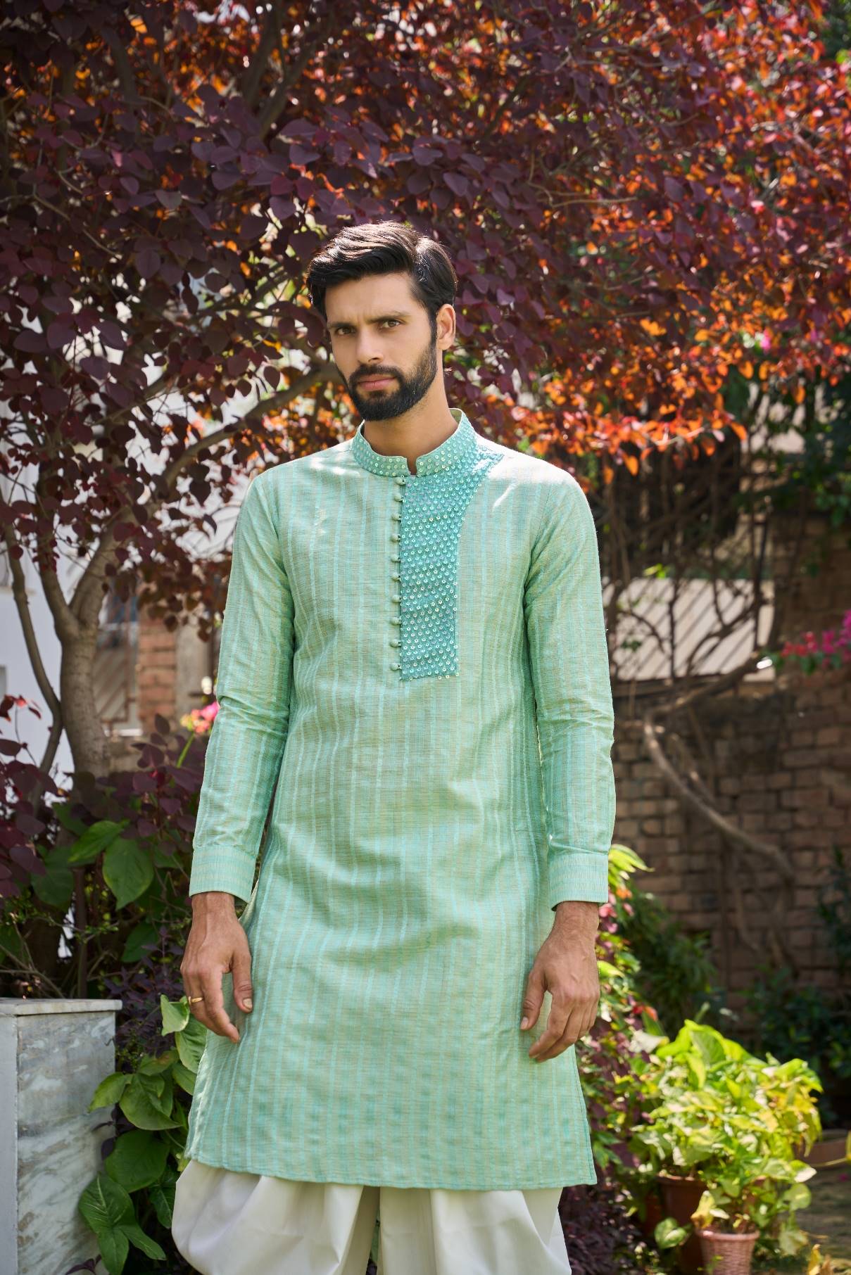 Men Light Green and Turquoise Yoke Design Sequins Kurta