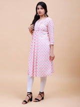 Women Soft Pink and White Floral Yoke Design Embroidery Cotton Kurti