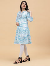 Women Light Blue with Blue Floral Pattern Yoke Design Embroidery Cotton Kurti