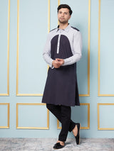 Men Navy Blue and Silver Solid Kurta With pyjama