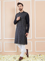 Men Deep Black with Gold Accents Chanderi Silk Sequins Kurta With Pajama