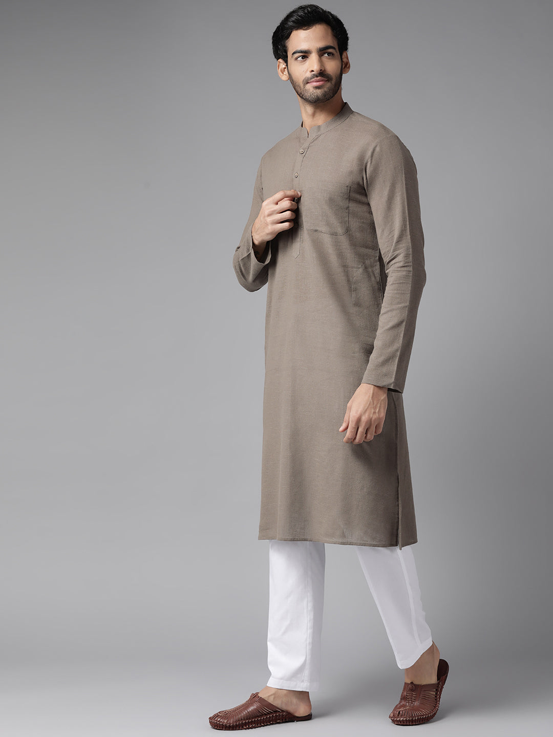 Men Coffee Cotton Straight Kurta With Slub Effect With Pajama