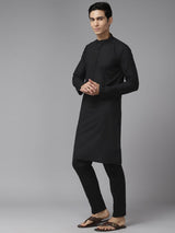 Men Jet Black Pure Cotton Embroidered Straight Kurta With Pajama