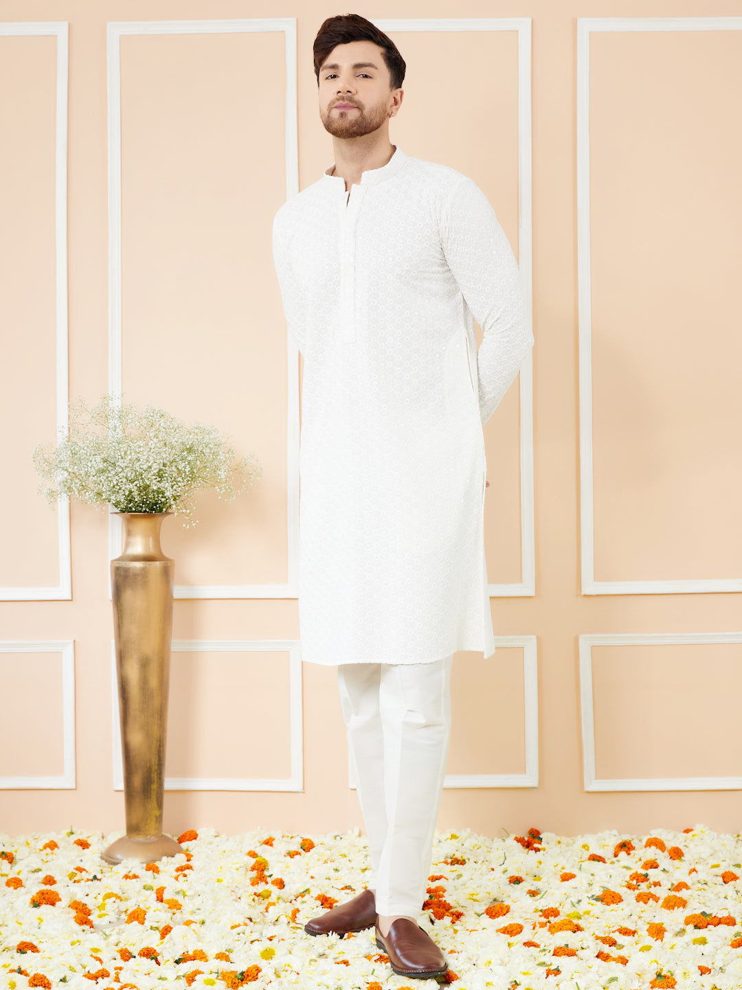 Men White Embroidered Sequined Rayon Kurta