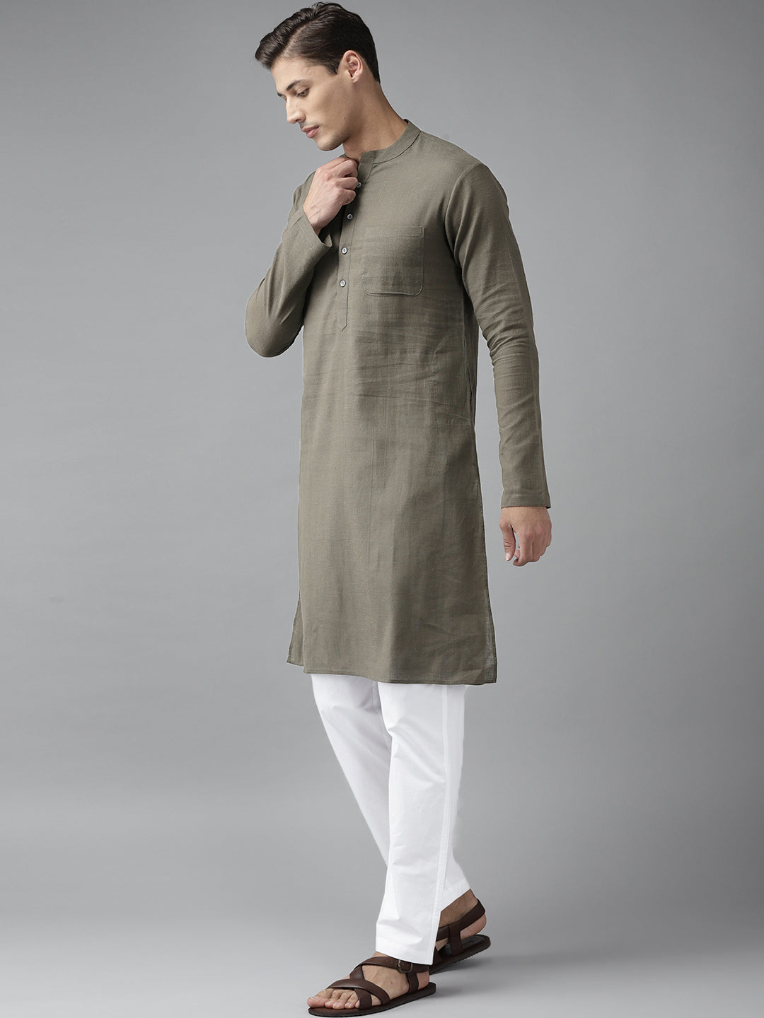 Men Khaki Cotton Straight Kurta with Slub Effect