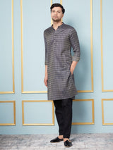 Men Blue & Gold Woven Design Thread Work Kurta With pyjama