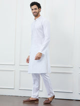 Men White Cotton Blue Thread Work & Sequince Kurta
