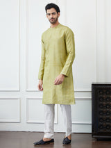 Riwaat.com Men Olive Thread Work Cotton Kurta Riwaat Mehendi Thread Work