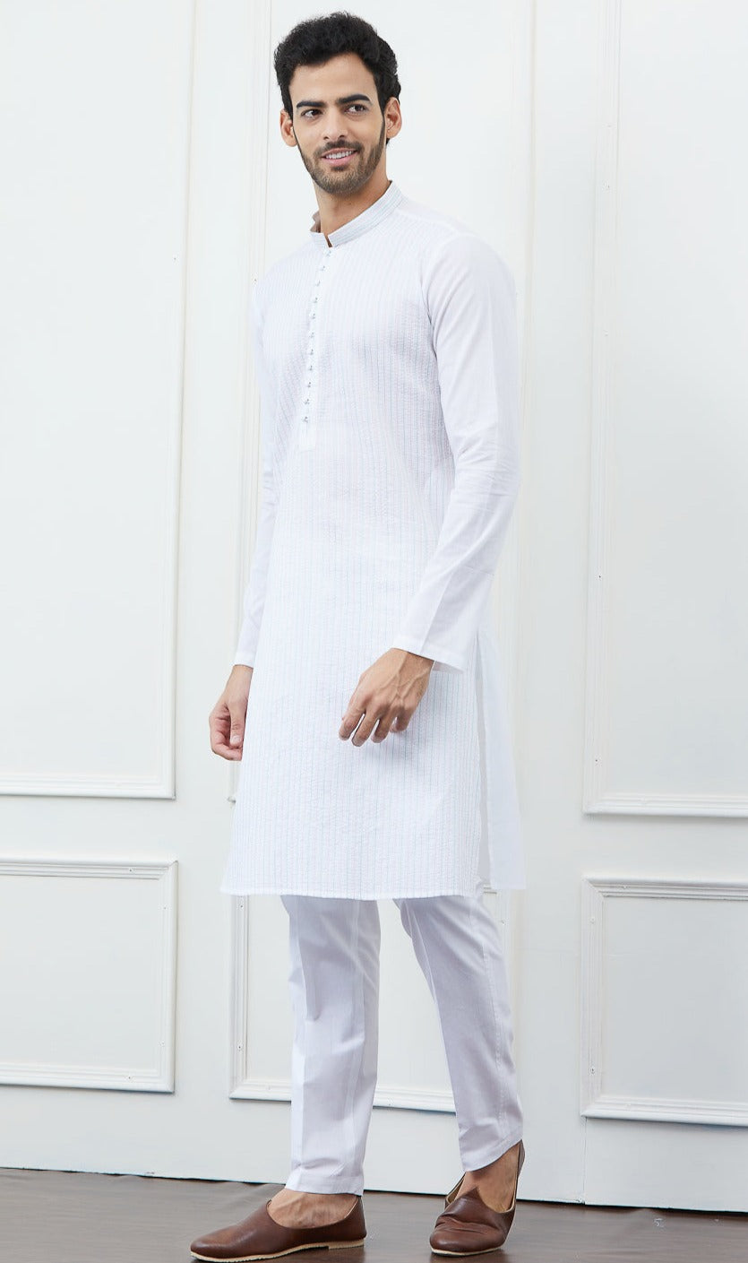 Men White Multicolor Thread Work Cotton Kurta