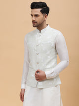 Men Green & Gold Woven Design Jacquard Nehru Jacket