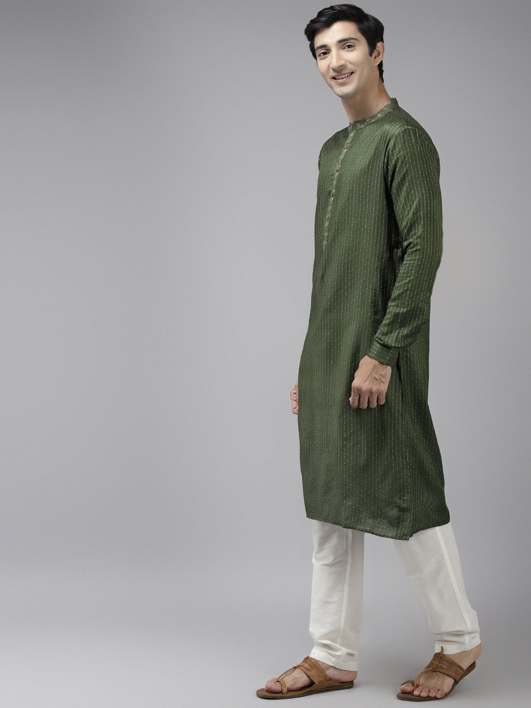 Men Green & Beige Toned Woven Design Thread Work Kurta